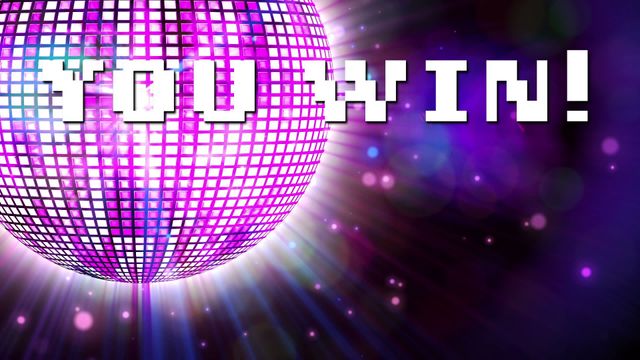 Colorful animation depicts glowing disco ball with bold 'You Win' text, evoking celebratory themes ideal for use in video games, competitions, online achievements, or in fun invitations to themed events.