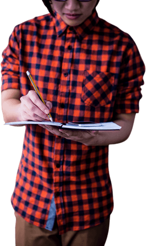young male writing in transparent plaid shirt with notebook - Download Free Stock Videos Pikwizard.com