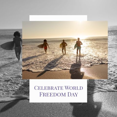 Multiracial Surfers Celebrating World Freedom Day at Ocean Sunrise - Download Free Stock Templates Pikwizard.com
