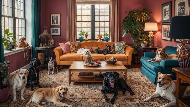 Cozy living room with happy dogs lounging on sofa and patterned rug