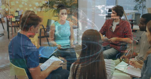 Diverse Business Team Brainstorming with Digital Financial Overlay