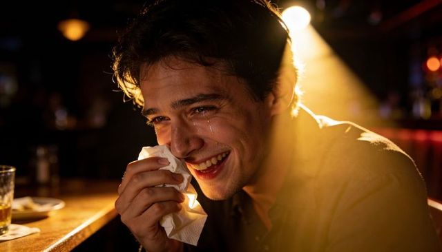 Young man wiping tears at bar under spotlight smiling through emotion cinematic closeup