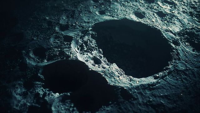 Jagged impact crater on lunar surface lighting highlighted details