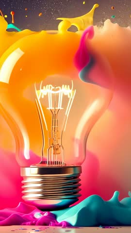Vertical video of paint pouring on incandescent bulb forming glowing swirls and color splash