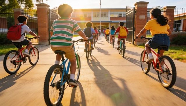 Children riding bicycles to school at sunrise through open gate and brick pillars