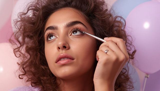 Applying mascara close-up on young woman with curly hair and pastel balloons lavender tones