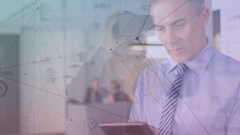 Senior Businessman Navigating Digital Network on Tablet with VR Overlay