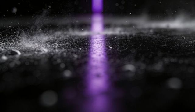 Reflective purple neon line on wet pavement with droplets, mist, glow and cinematic bokeh