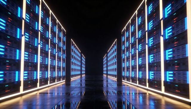 Futuristic data center corridor showcasing glowing server racks and reflective aisle