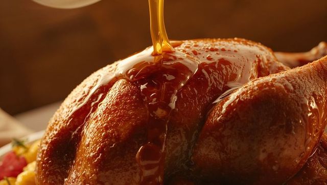 Roast turkey drizzled with rich golden gravy