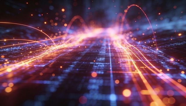 Neon data streams racing across virtual circuit grid with energy trails and depth glow