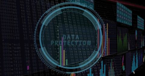 Futuristic cybersecurity hud displaying protection overlay over data analytics dashboards
