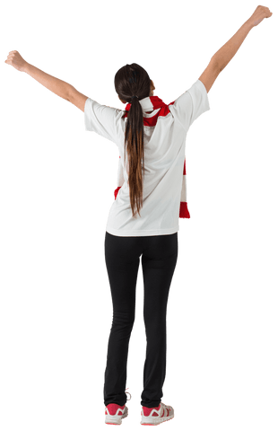 Excited Asian Football Fan Cheering with Arms Raised