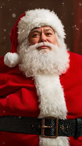Santa Claus laughing then calming gaze in vertical holiday portrait video, red suit