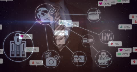 Digital Interface with Social Media Metrics and Business Icons