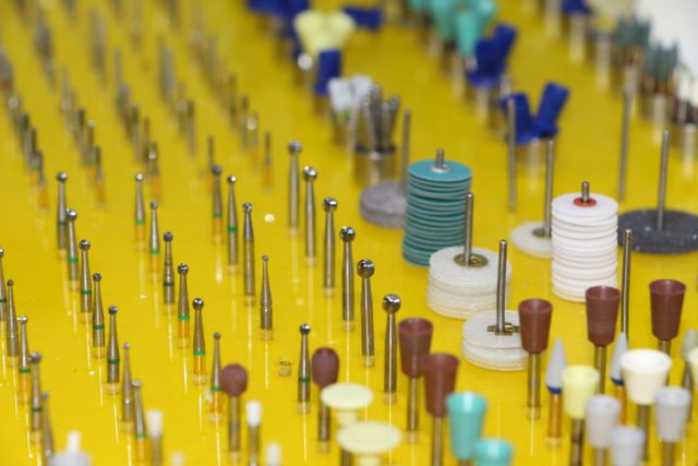 Brightly colored dental drill bits organized on a yellow surface. These precision tools are used by dental professionals for various procedures. This image is ideal for illustrating articles and advertisements related to dental health, oral care, or medical equipment, and works well for educational and promotional materials in the dental industry.