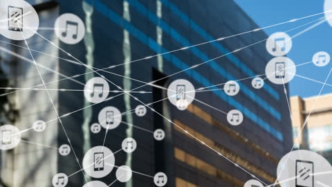 Connected Music Icons Over Modern Urban Structures