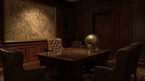 Luxurious british empire executive study with vintage décor and brass globe