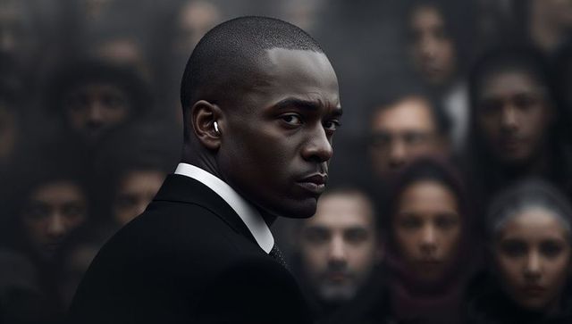 Surveying security guard looking over shoulder wearing earpiece in crowded lobby portrait