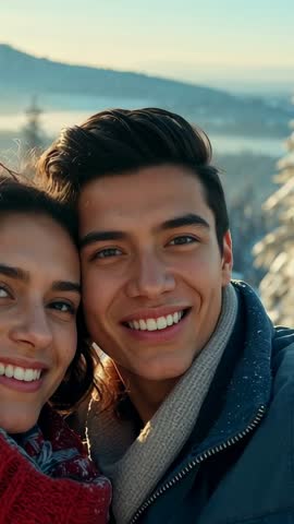Smiling Couple Pressing Faces Together on Snowy Peak with Frozen Lake Vertical Video