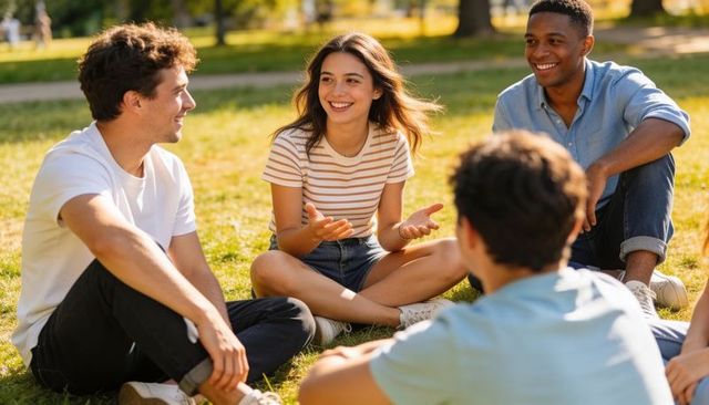Young friends chatting and laughing on sunlit park lawn, casual summer conversation
