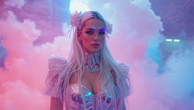 Futuristic Floral Attire on Neon Cloud Stage