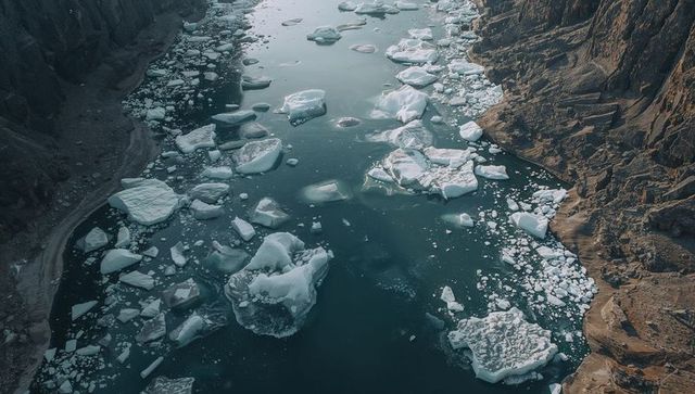 Aerial drone view of ice floes drifting through teal fjord channel with sunlit rugged cliffs