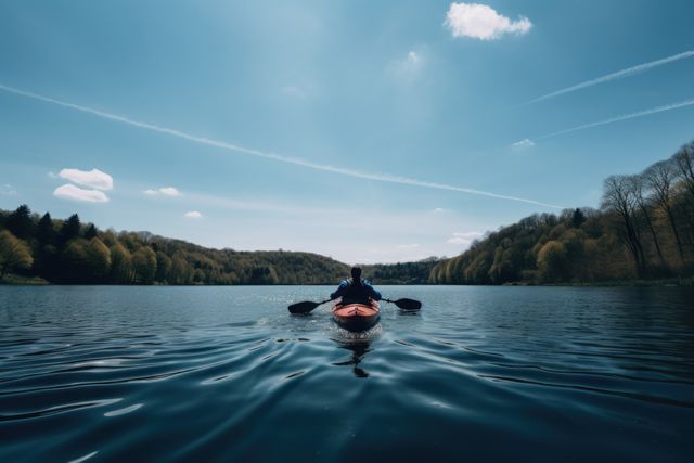 Person Kayaking on Serene Lake Under Clear Sky - Download Free Stock Images Pikwizard.com