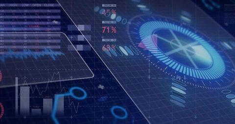 Futuristic holographic dashboard displaying glowing radial gauge and analytics overlay