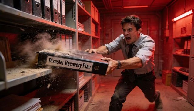 Frantic worker pulling disaster recovery plan binder in red-lit archive room