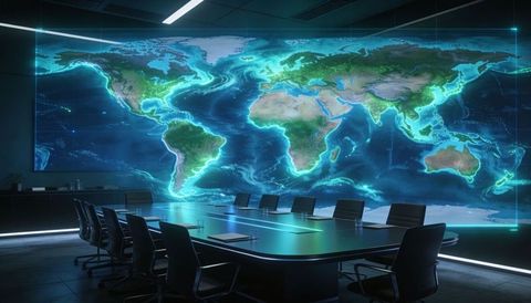 Futuristic boardroom showing illuminated world map and neon data streams for strategy