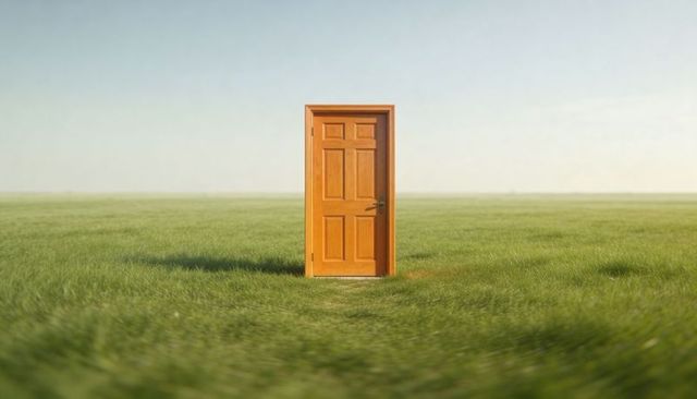 Six-panel wooden door standing alone in vast green field under pale sky