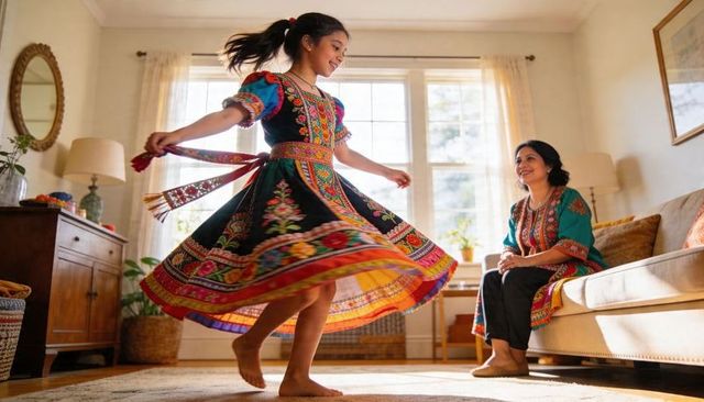 Girl spinning in vibrant embroidered folkloric dress while mother watching in sunlit home