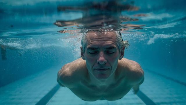 Senior man serenely gliding underwater in swimming pool