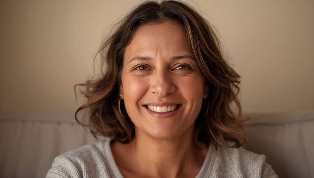 Smiling woman wearing light grey knit sweater and hoop earrings, seated in cozy beige interior