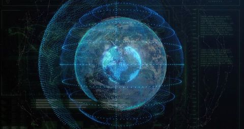 Holographic Rotating Earth Globe with Data Rings and Futuristic HUD for Global Analytics