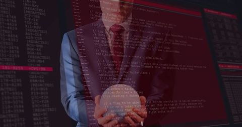Businessman Holding Globe With Digital Interface and Code Overlay