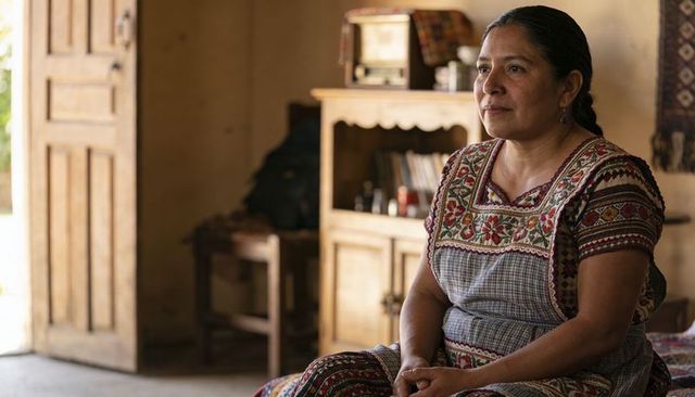 Hispanic woman wearing hand-embroidered traditional dress sitting indoors near open door