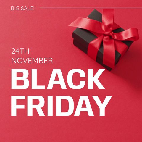 Black Friday Sale Advertisement with Gift on Red Background