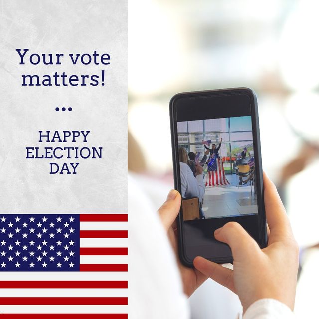 Composition of your vote matters text and happy election day text caucasian man holding smartphone. Election day and celebration concept digitally generated image.