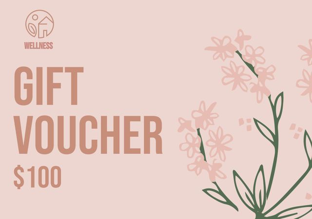 Gift voucher with a stylish floral design and wellness branding. Ideal for offering as a present for various occasions such as birthdays, anniversaries, and holidays. Use for promoting spa treatments, fitness classes, health-related services, or holistic experiences aimed at reducing stress and promoting relaxation.
