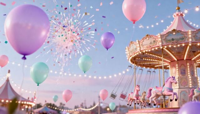 Pastel carnival carousel at twilight with floating balloons, fireworks and festive lights