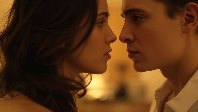 Intimate couple sharing intense closeup gaze in warm golden bokeh light romantic tension