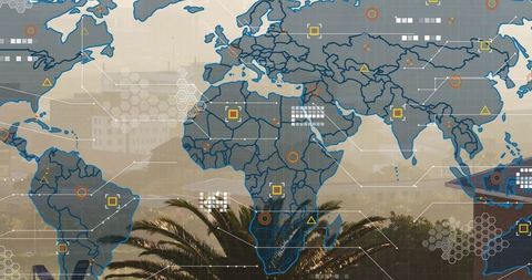 Futuristic Global Connectivity Map Overlay on Urban Skyline