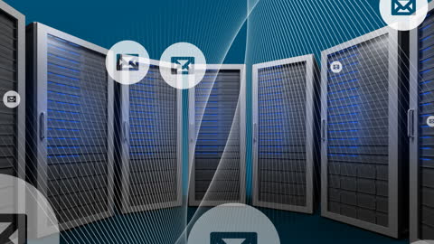 Futuristic Data Center With Social Media Network Icons Overlay