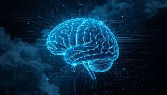 Glowing Digital Brain Hologram Surrounded by Cybernetic Circuitry