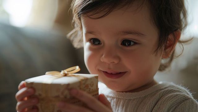 Toddler boy holding wrapped gift with gold ribbon, discovering present, smiling in warm light