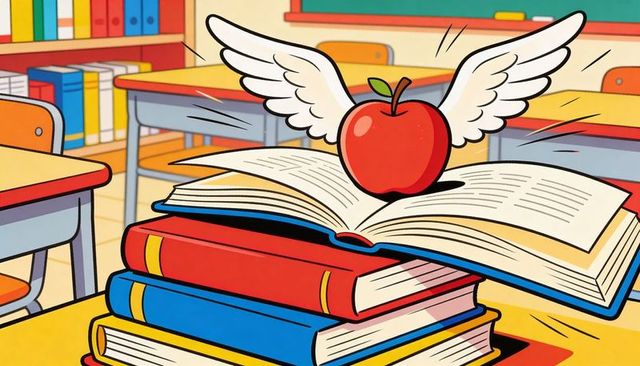 Winged apple floating above open book stack in colorful classroom illustration