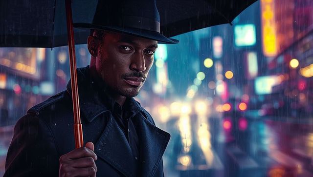 Noir figure standing under umbrella on neon-lit rain soaked city street, cinematic moody