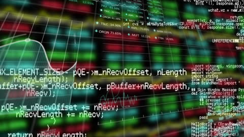 Colorful Digital Data Stream with Source Code on Screen